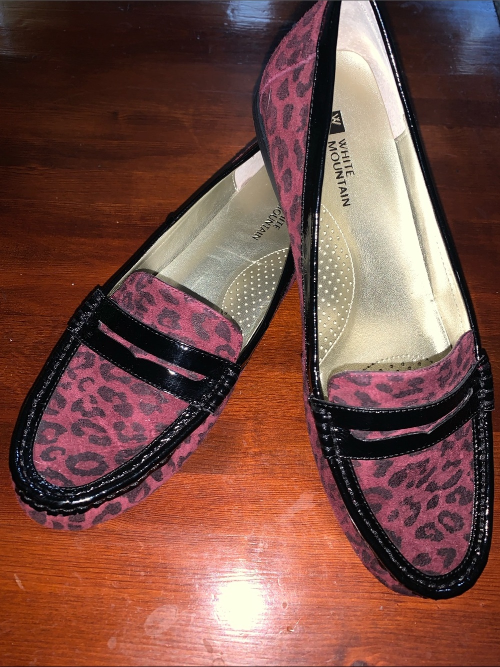 White Mountain Burgundy Leopard-Print Loafers with Black Patent Trim